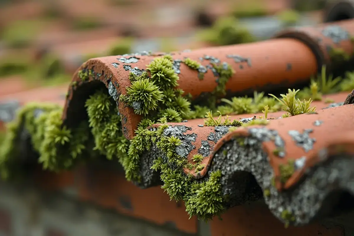 Mousses et lichens installés entre des tuiles de terre cuite anciennes