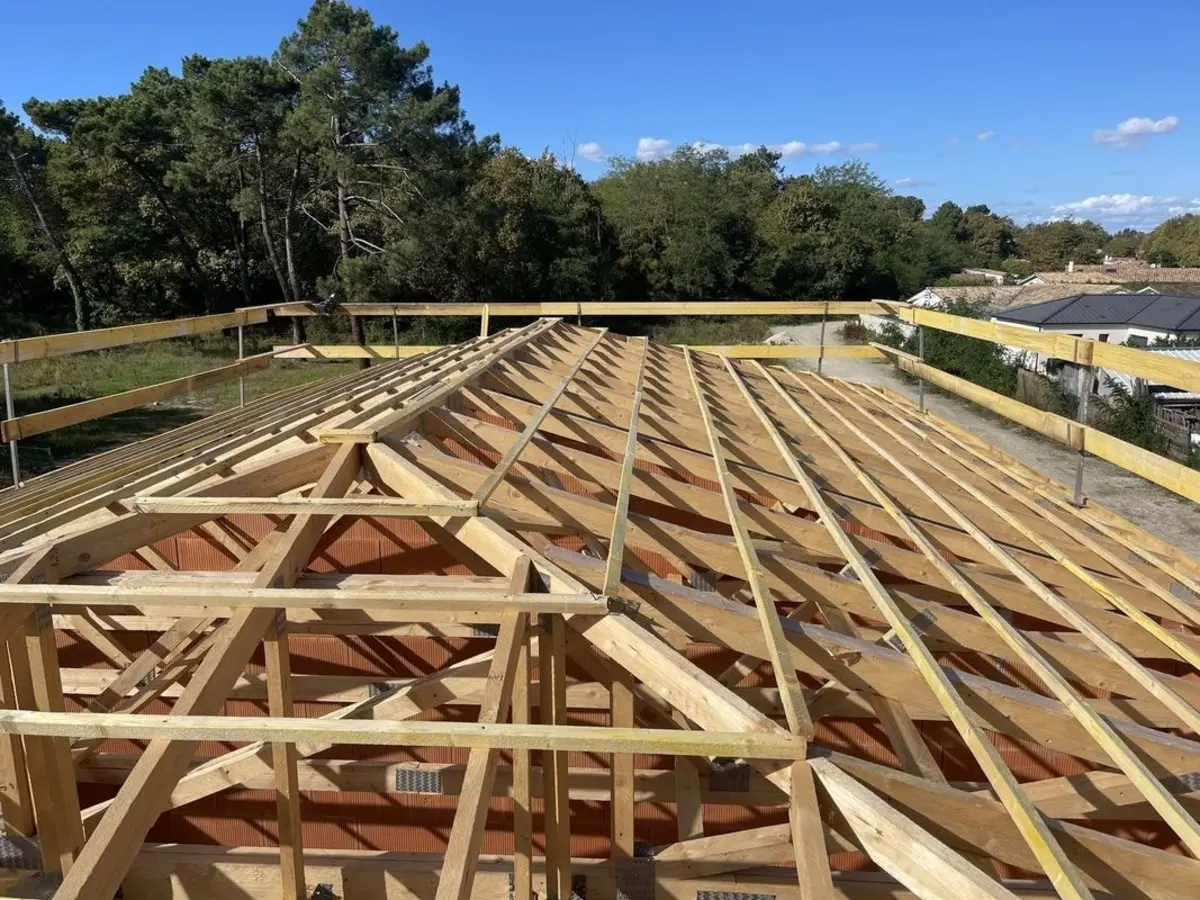 Charpente neuve complète posée sur une maison, pins maritimes en arrière-plan